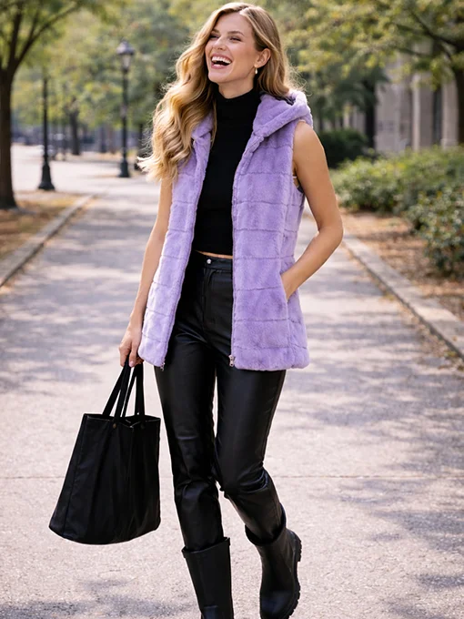 Αμάνικη γούνα λιλά με κουκούλα και τσέπες