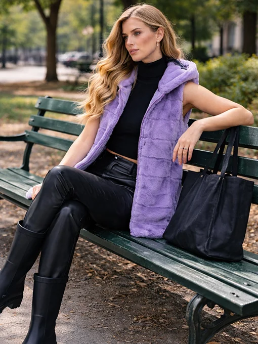 Αμάνικη γούνα λιλά με κουκούλα και τσέπες