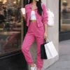 Σετ κοτλέ φούξια φόρμα cargo ψηλόμεση και ζακέτα