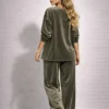 Βελούδινο σετ χακί μπλούζα φαρδιά με παντελόνα