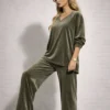 Βελούδινο σετ χακί μπλούζα φαρδιά με παντελόνα