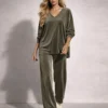 Βελούδινο σετ χακί μπλούζα φαρδιά με παντελόνα