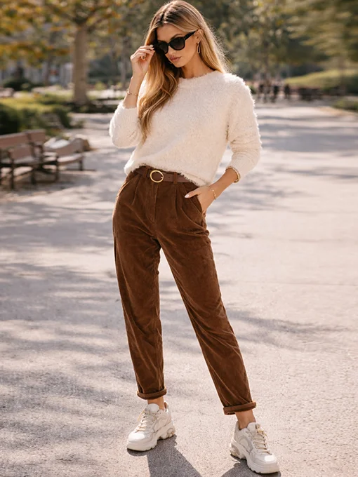 Παντελόνι κοτλέ χοντρό καφέ με ζώνη