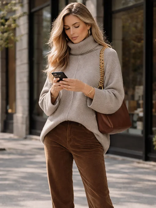 Oversize πουλόβερ μπεζ με φαρδύ ζιβάγκο