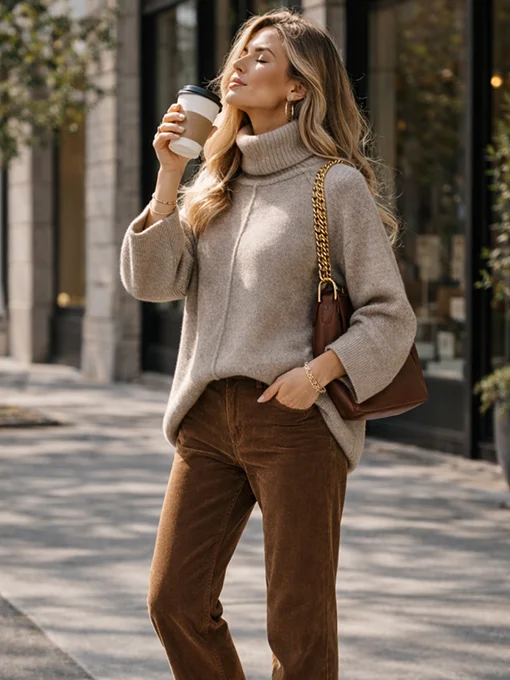 Oversize πουλόβερ μπεζ με φαρδύ ζιβάγκο