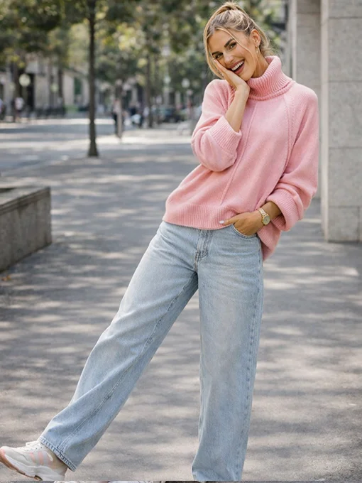 Oversize πουλόβερ ροζ με φαρδύ ζιβάγκο