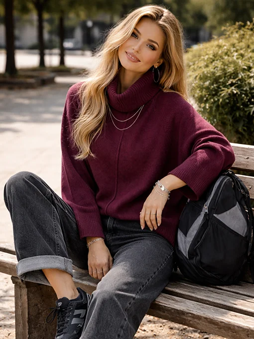 Oversize πουλόβερ μπορντό με φαρδύ ζιβάγκο