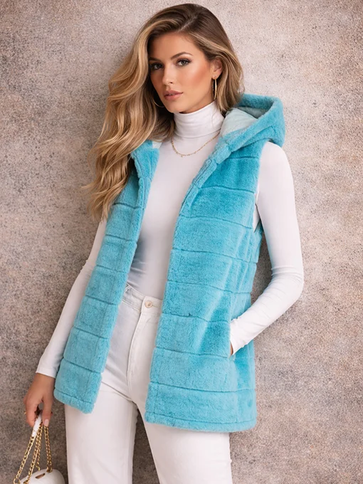 Αμάνικη γούνα τιρκουάζ με κουκούλα και τσέπες