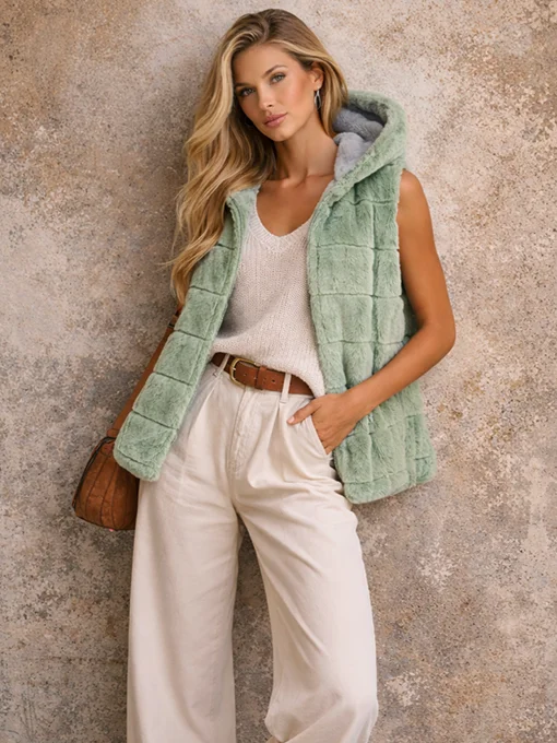 Αμάνικη γούνα μέντα με κουκούλα και τσέπες