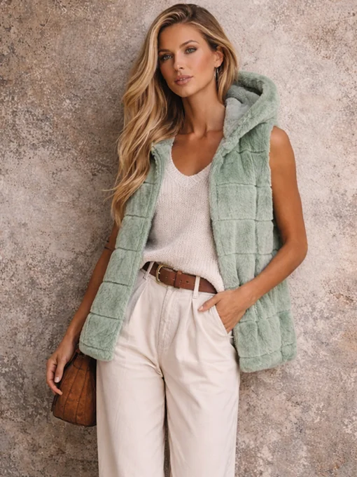 Αμάνικη γούνα μέντα με κουκούλα και τσέπες