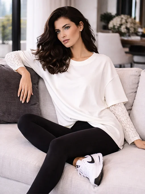Oversize μπλούζα λευκή με μανίκια δαντέλας