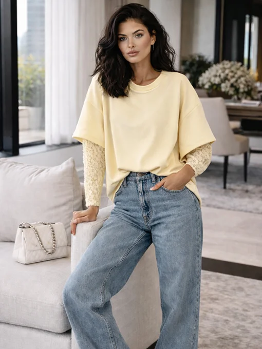 Oversize μπλούζα κίτρινη με μανίκια δαντέλας