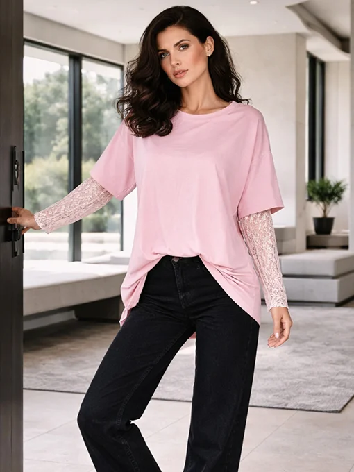 Oversize μπλούζα ροζ με μανίκια δαντέλας