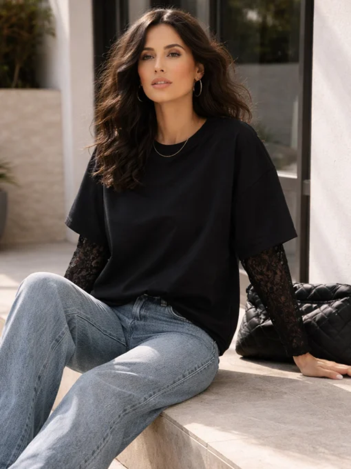 Oversize μπλούζα μαύρη με μανίκια δαντέλας