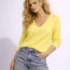 Fluffy πλεκτή μπλούζα κίτρινη με V λαιμόκοψη
