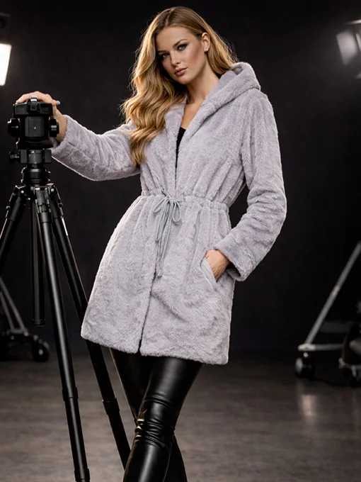 Γούνα απαλή γκρι με κουκούλα & τσέπες