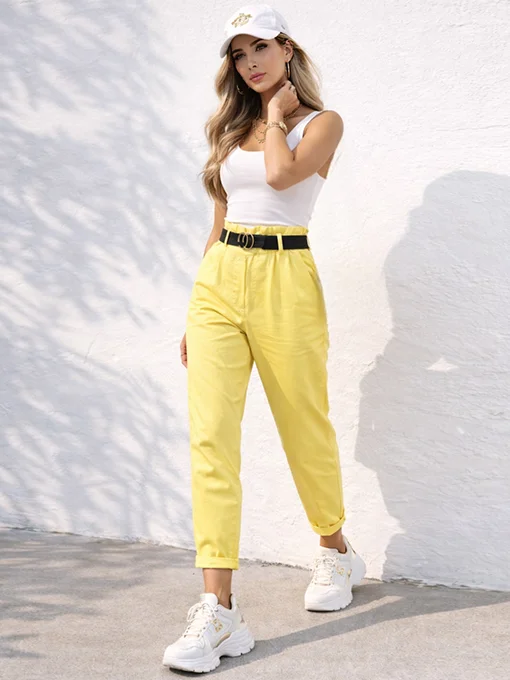 Παντελόνι ψηλόμεσο κίτρινο με ζώνη