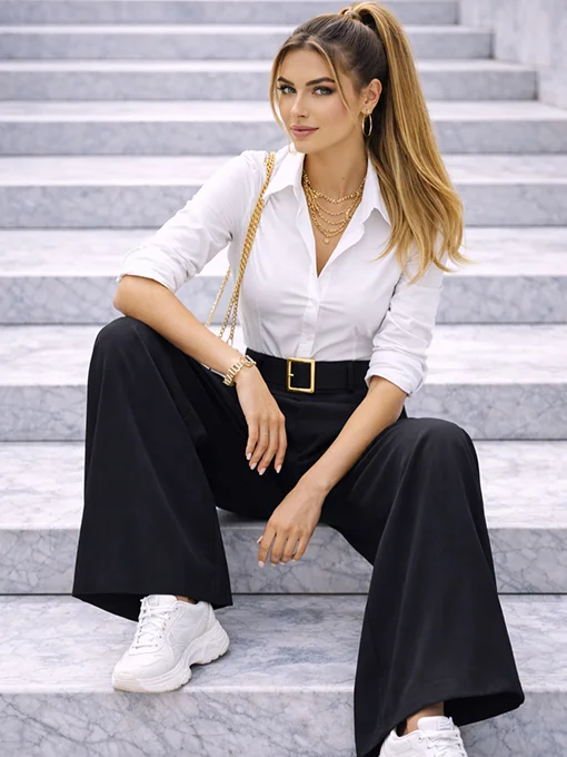 Παντελόνα φαρδιά μαύρη με χοντρή ζώνη 