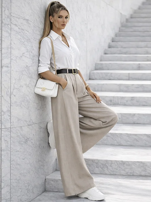 Παντελόνα φαρδιά μπεζ με χοντρή ζώνη 