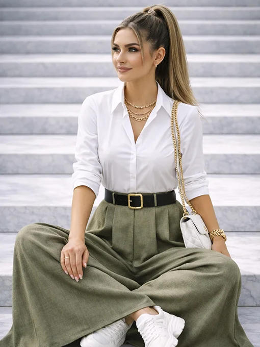 Παντελόνα φαρδιά χακί με χοντρή ζώνη 