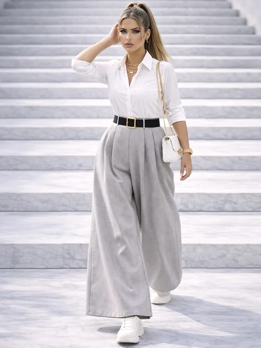 Παντελόνα φαρδιά γκρι με χοντρή ζώνη 