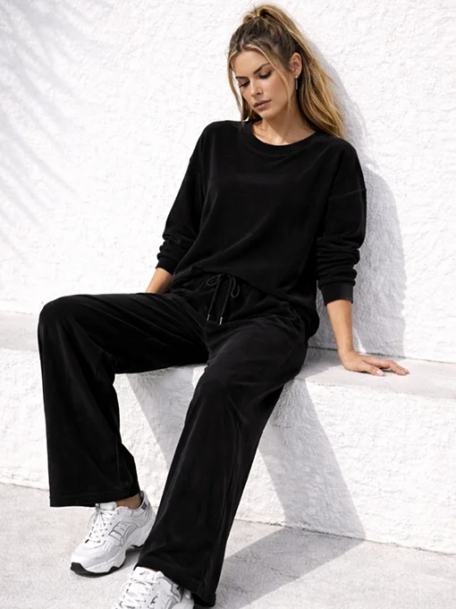 Σετ βελούδο μαύρη μπλούζα μακριά και παντελόνα