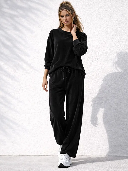 Σετ βελούδο μαύρη μπλούζα μακριά και παντελόνα