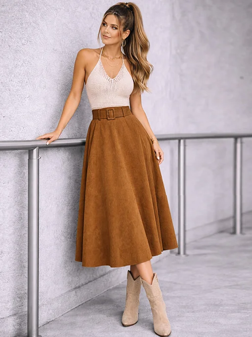 Φούστα closs καφέ μίντι με ζώνη