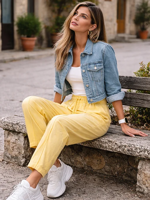 Παντελόνι baggy κίτρινο βισκόζη με λάστιχο