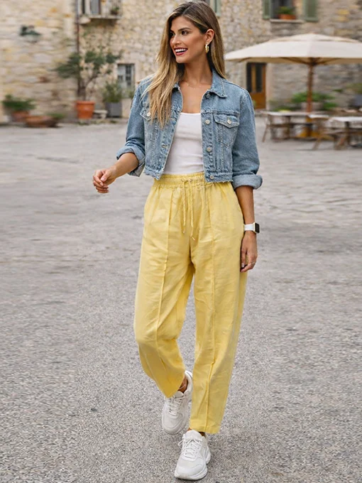 Παντελόνι baggy κίτρινο βισκόζη με λάστιχο