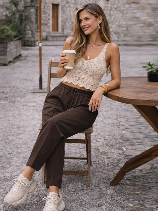 Παντελόνι baggy καφέ βισκόζη με λάστιχο