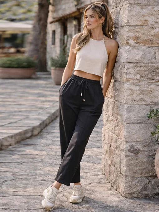 Παντελόνι baggy μαύρη βισκόζη με λάστιχο
