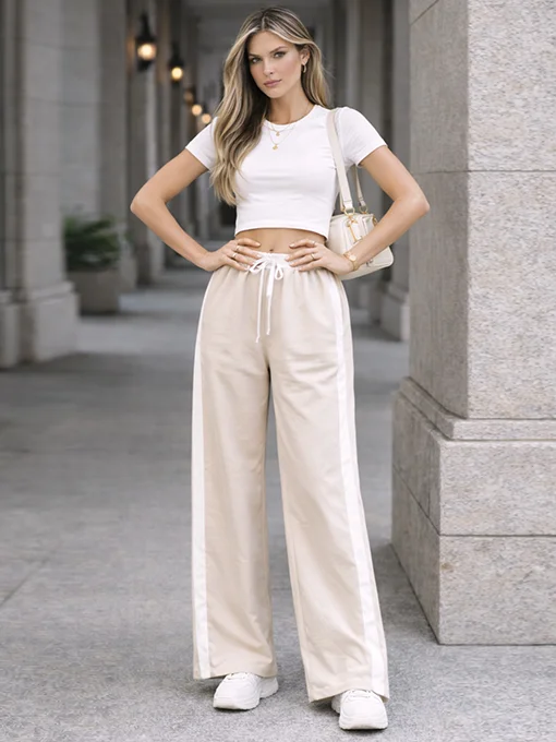 Παντελόνι φόρμα μπεζ με ρίγα στο πλάι 