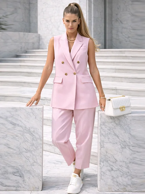 Σετ αμάνικο γιλέκο ροζ με βάτες και παντελόνι κοντό