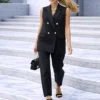 Σετ αμάνικο γιλέκο μαύρο με βάτες και παντελόνι κοντό
