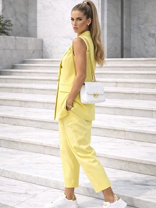 Σετ αμάνικο γιλέκο κίτρινο με βάτες και παντελόνι κοντό