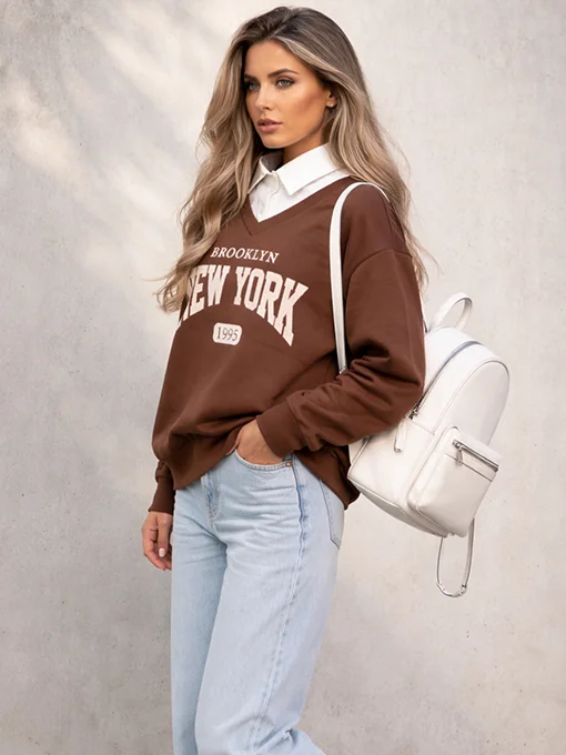 Φούτερ καφέ με ενσωματωμένο πουκάμισο