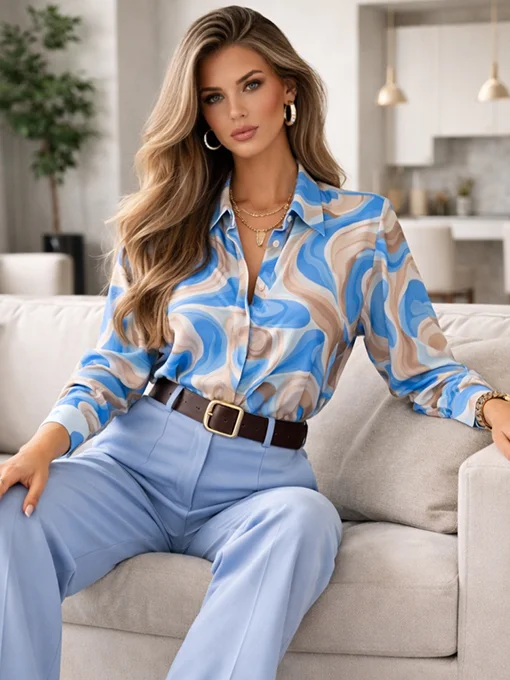 Πουκάμισο c-throu τιρκουάζ εμπριμέ φαρδύ