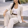 Oversize σετ μπεζ σακάκι & φαρδιά παντελόνα