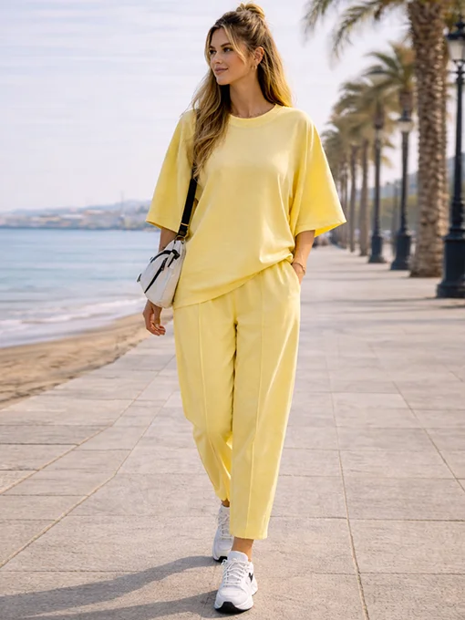 Σετ μπλούζα κίτρινη νυχτερίδα παντελόνι baggy