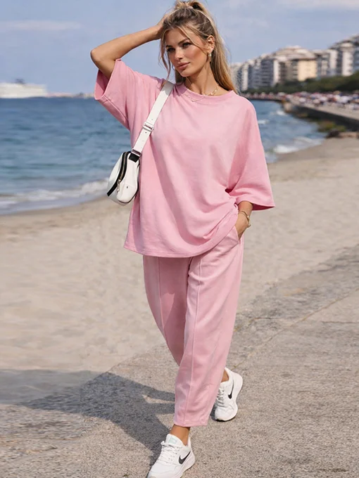 Σετ μπλούζα ροζ νυχτερίδα παντελόνι baggy