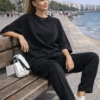 Σετ μπλούζα μαύρη νυχτερίδα παντελόνι baggy