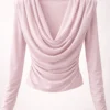 Μπλούζα ροζ με ντραπέ ντεκολτέ & σούρες