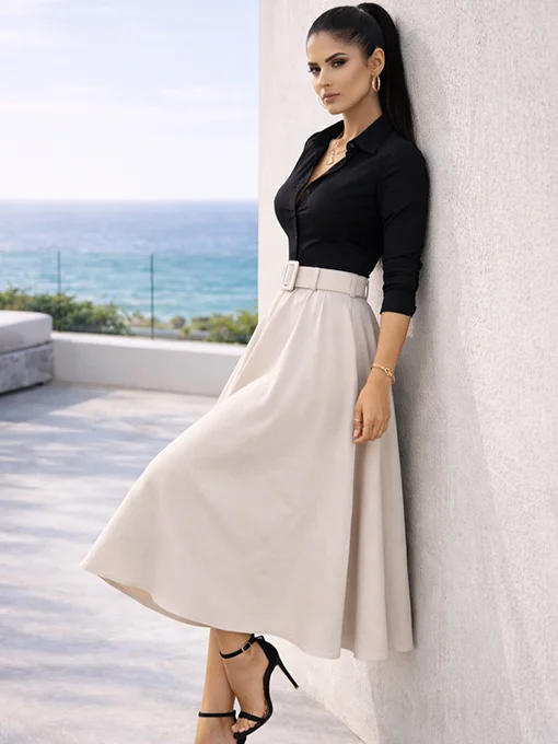 Φούστα μίντι closs μπεζ με ζώνη