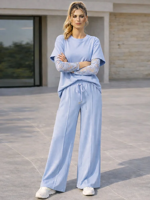 Φούτερ σετ γαλάζιο με δαντελένια μανίκια