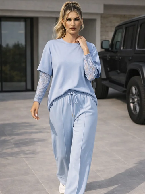 Φούτερ σετ γαλάζιο με δαντελένια μανίκια