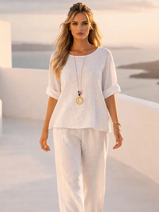 Μπλούζα φαρδιά λινή λευκή με κολιέ