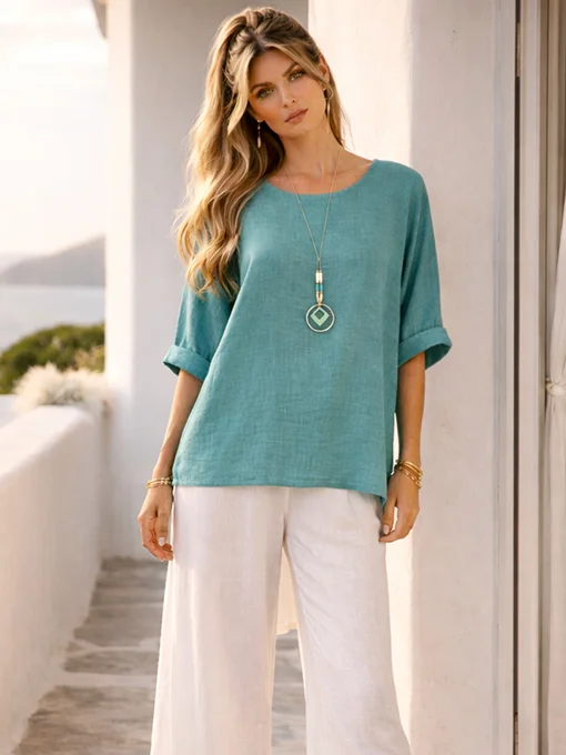 Μπλούζα φαρδιά λινή βεραμάν με κολιέ