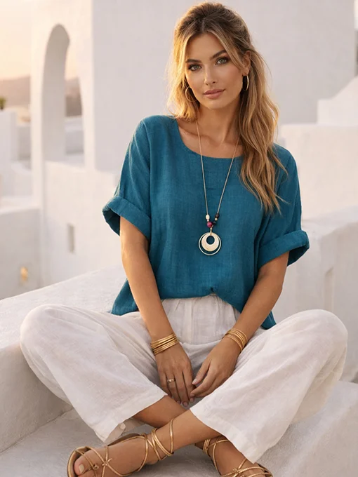 Μπλούζα φαρδιά λινή πετρόλ με κολιέ