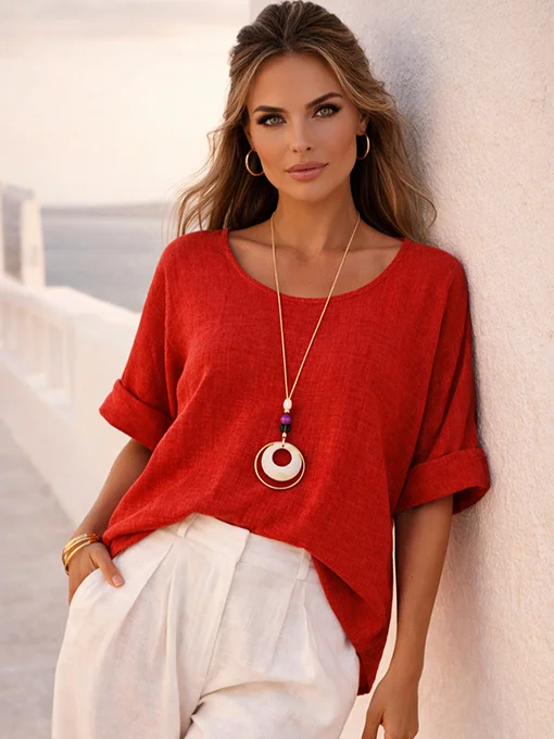 Μπλούζα φαρδιά λινή κόκκινη με κολιέ